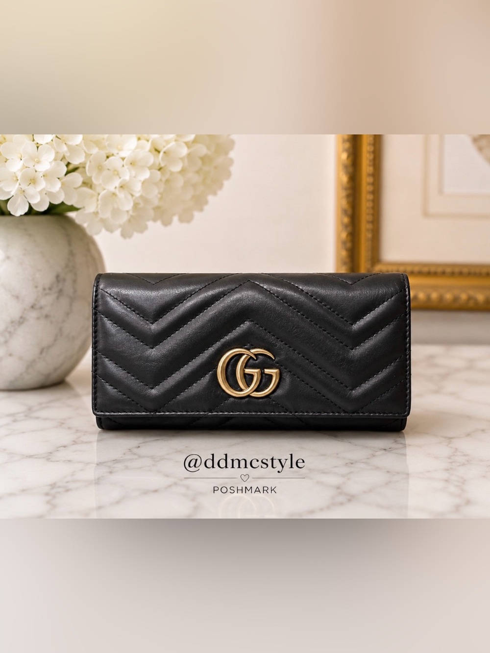 Gucci Marmont Chevron Quilted Black Leather Wallet with Gold GG EUC - Picture 1 of 9